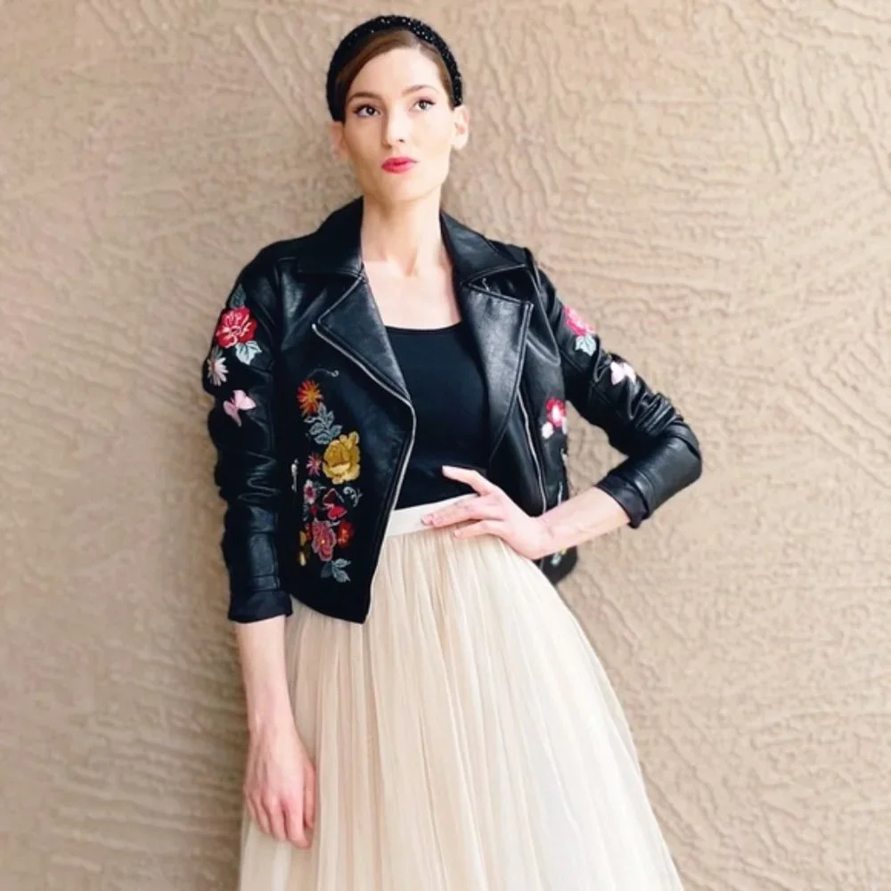 ROMEO & JULIET Floral Embroidered Faux Leather Moto Biker Jacket - Picture 3 of 9